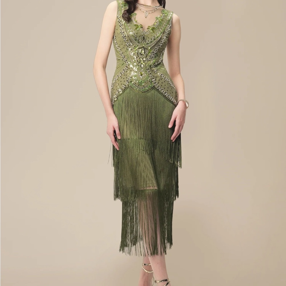 Glamorous Olive Sequin Fringe Midi Dress